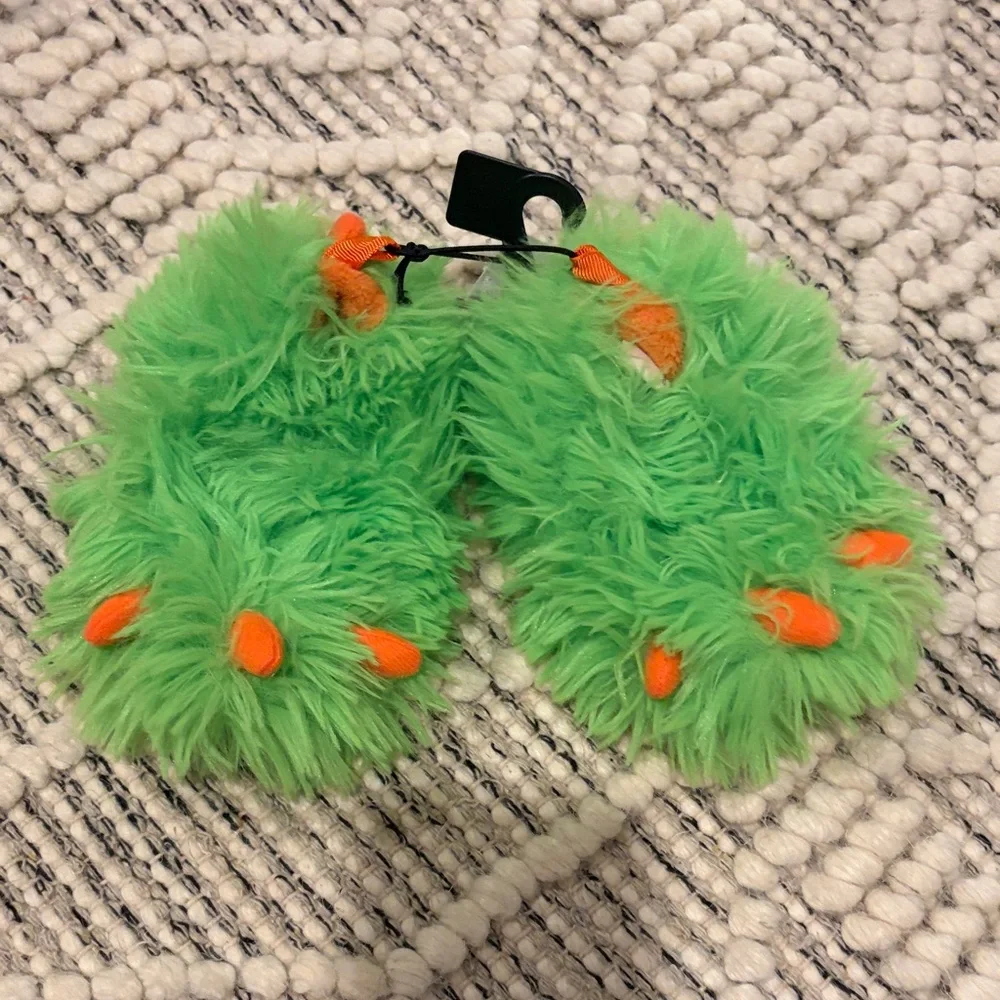 wonder nation Green Fuzzy Monster Slippers with Orange Claws